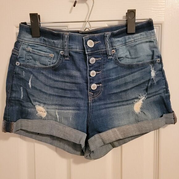 Express Distressed Button Fly High Waist Jeans Shorts Size 4 - Picture 3 of 7